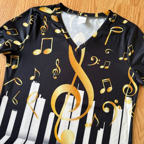 Womens Piano Keys Music Notes Graphic Tee Size M Black Gold V Neck Shirt Singer - Picture 3 of 8
